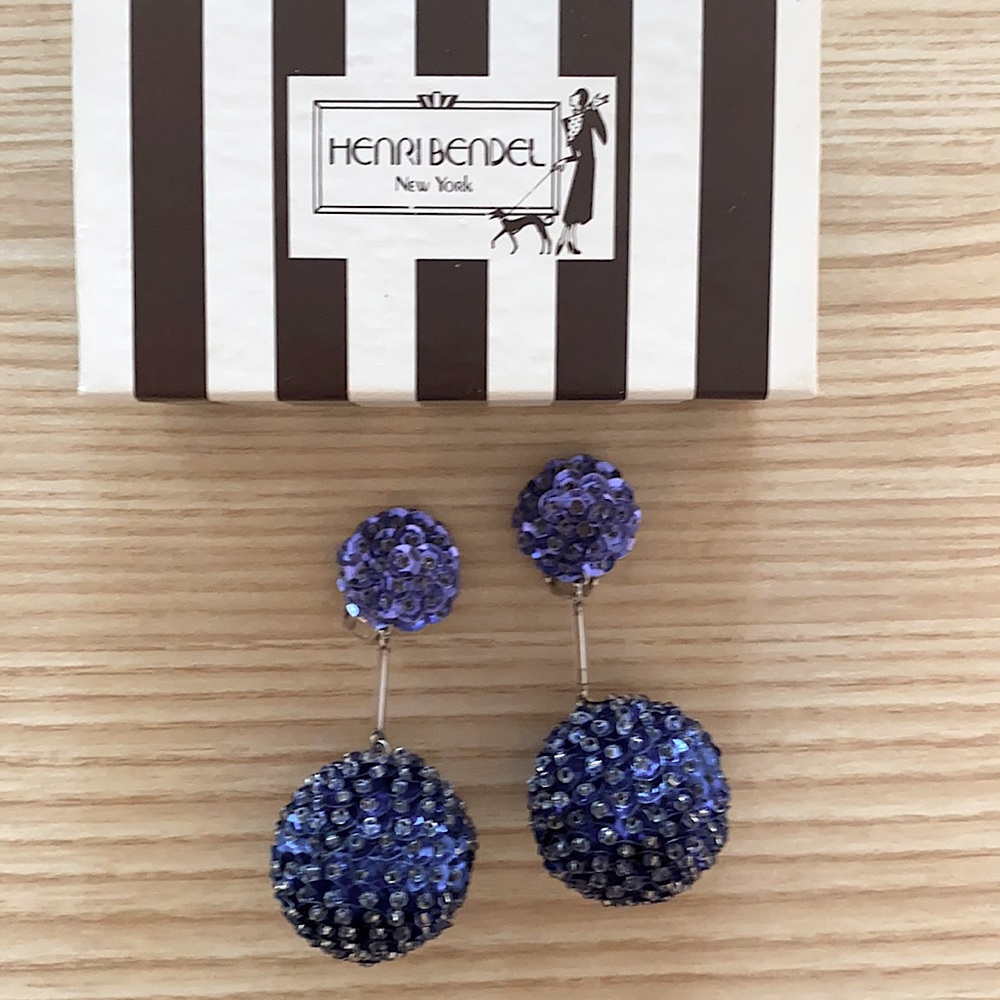 Henri Bendel/New York Sapphire Blue Crystal Sequin Clip On Drop Earrings $65.
